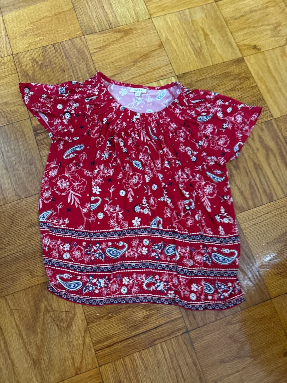 Style & Co paisley print short sleeve top, red/black/blue/white, size 1X
